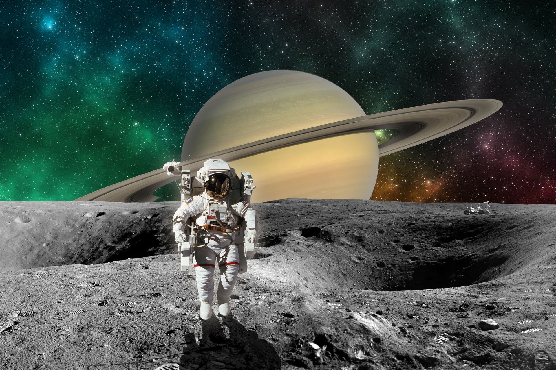 Planet Saturn from Saturn moon surface with astronaut. Elements of this image furnished by NASA